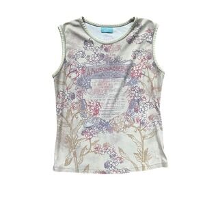 Bija Cream Light Green Floral French Graphic Tank Top Y2K Euro Paris Large